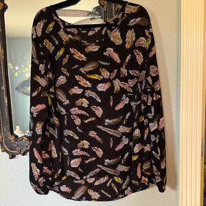Noir Feather Print Long Sleeve Black Blouse XXL